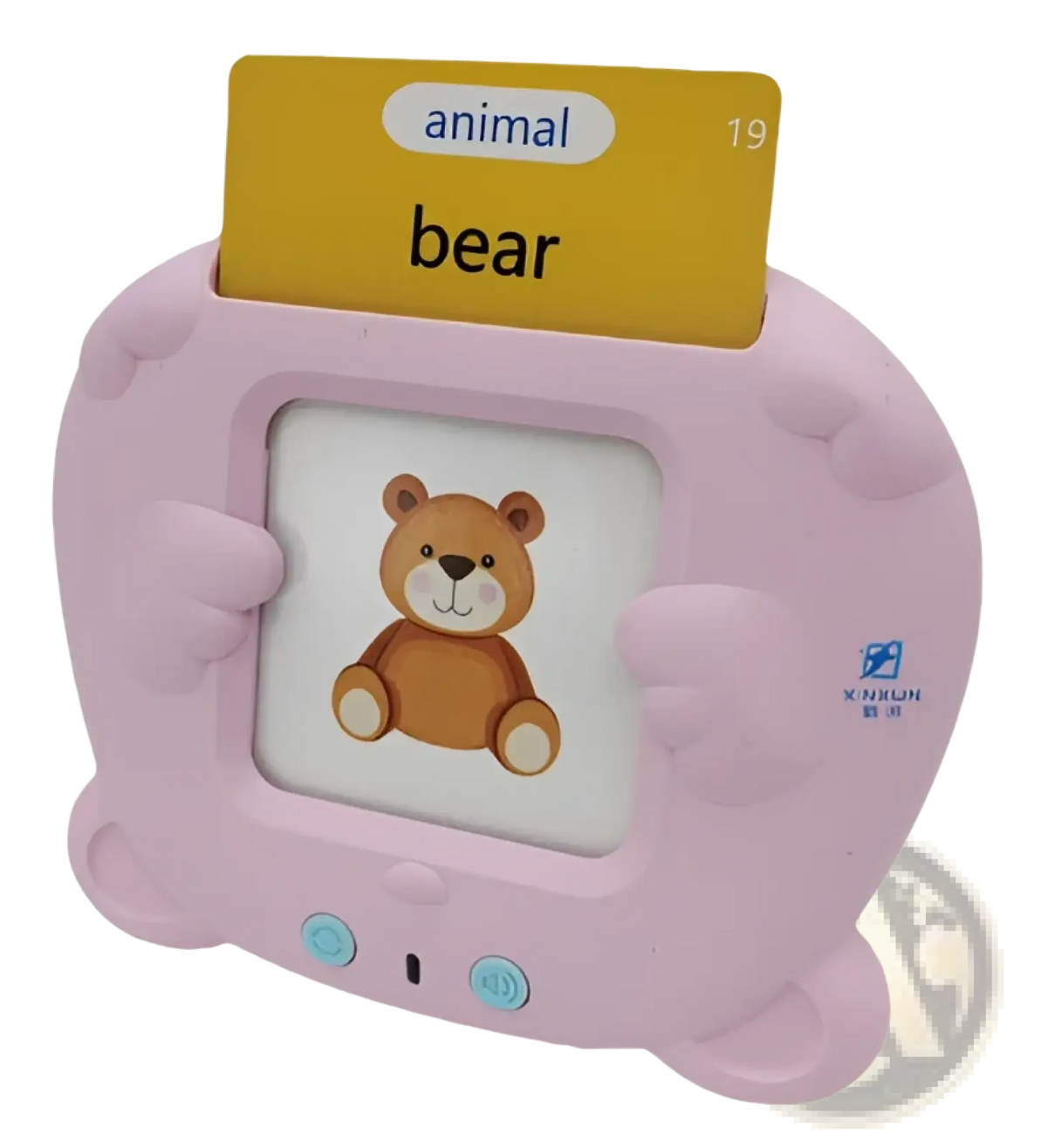 Pink bear-shaped children’s learning tablet with animal 19 bear card and teddy bear illustration for early learning