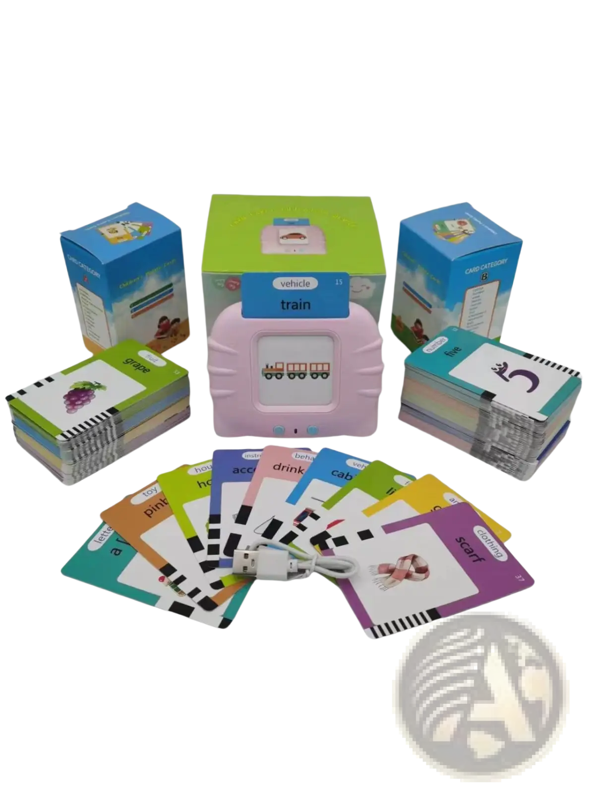 Pink plastic kids talking flash cards early learning tablet with screen displaying train and colorful flashcards