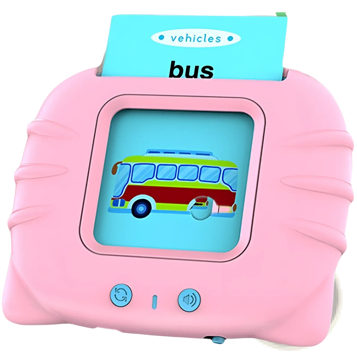 Pink kids talking flash cards early learning tablet with colorful bus illustration and matching bus flashcard displayed