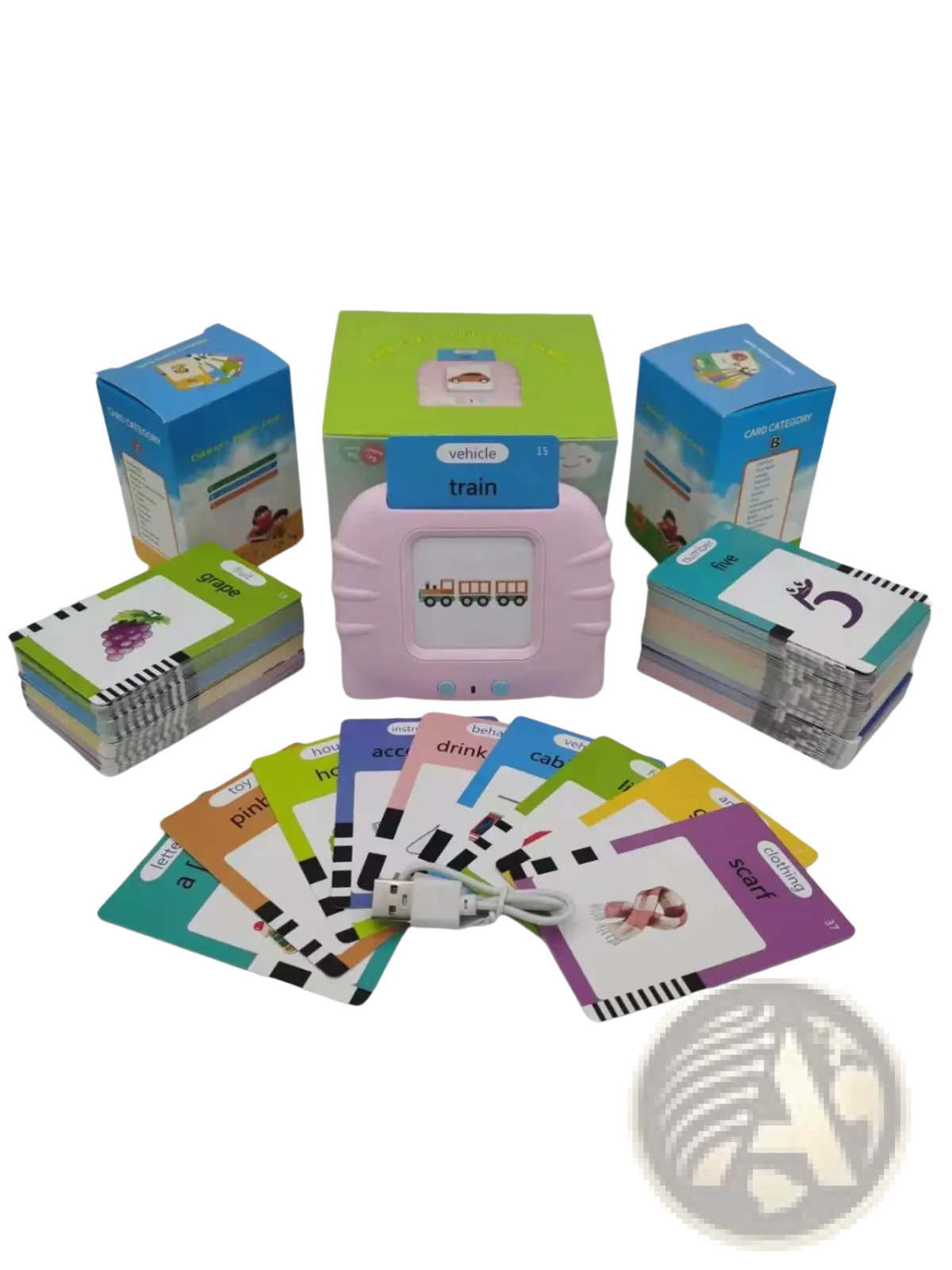 Pink kids talking flash cards early learning tablet with train-themed screen and colorful language flashcards in german