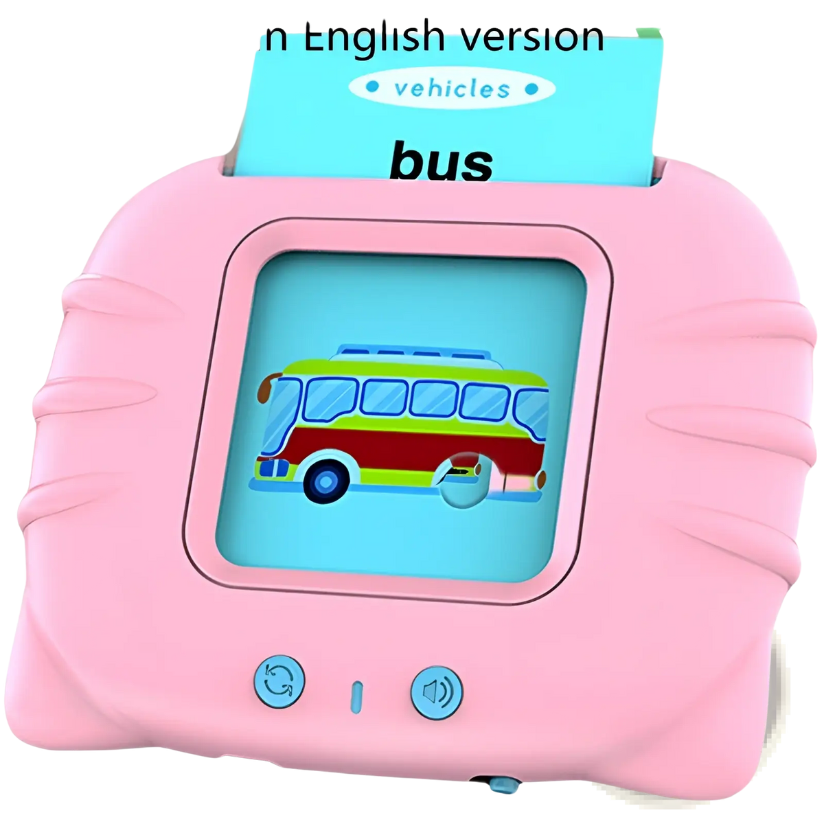 Pink kids talking flash cards early learning tablet with 112 cards featuring a colorful bus on textured plastic casing