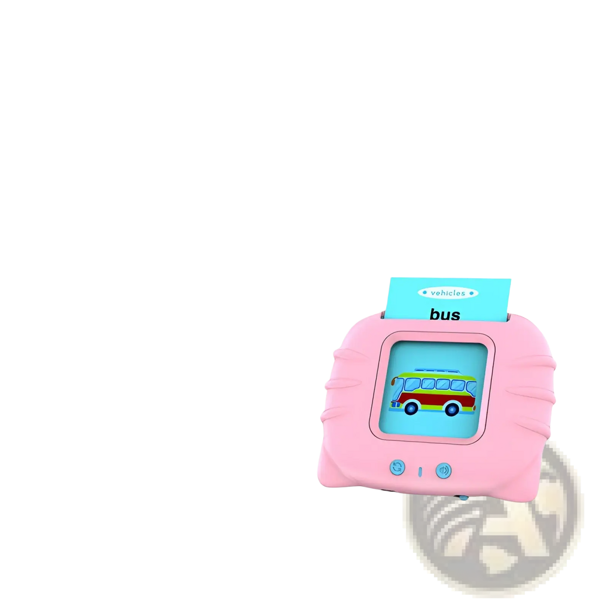 Pink plastic kids talking flash cards early learning tablet with screen showing red and green bus labeled vehicles
