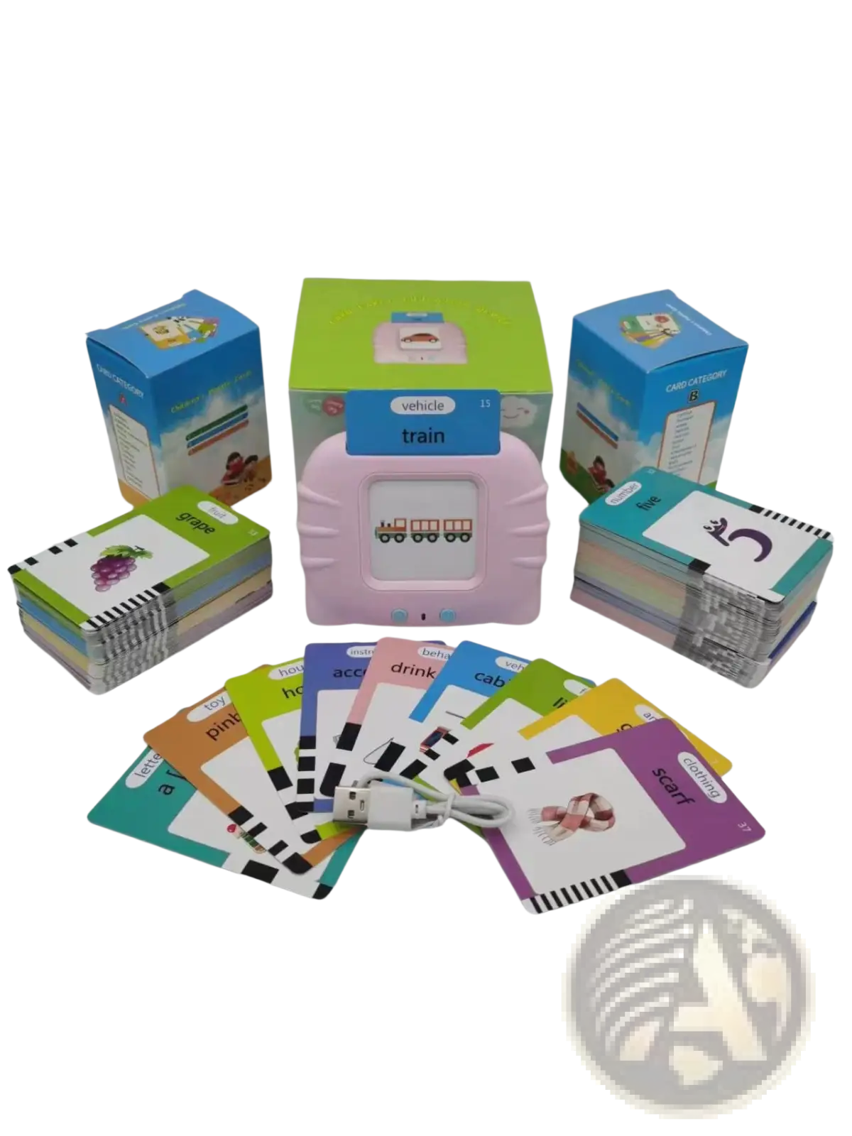 Pink plastic kids talking flash cards early learning tablet with train illustration and colorful educational cards