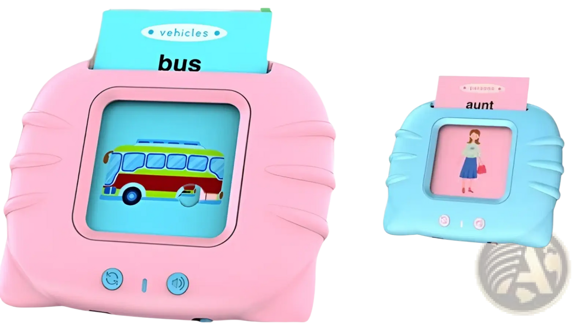 Kids talking flash cards early learning tablet in pink and light blue with colorful vehicle illustrations and tactile buttons