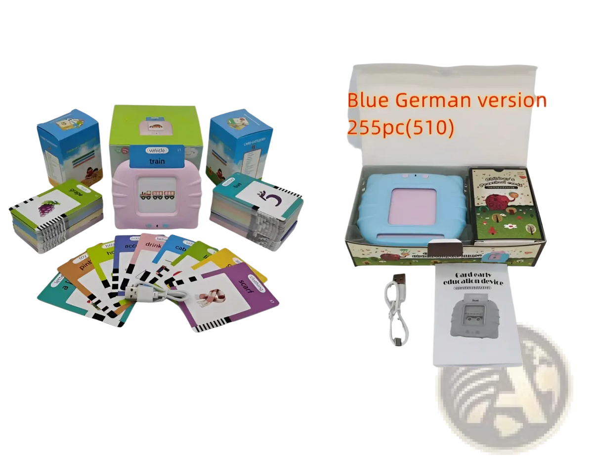 Pink and blue kids talking flash cards early learning tablets with matching colorful card decks for children