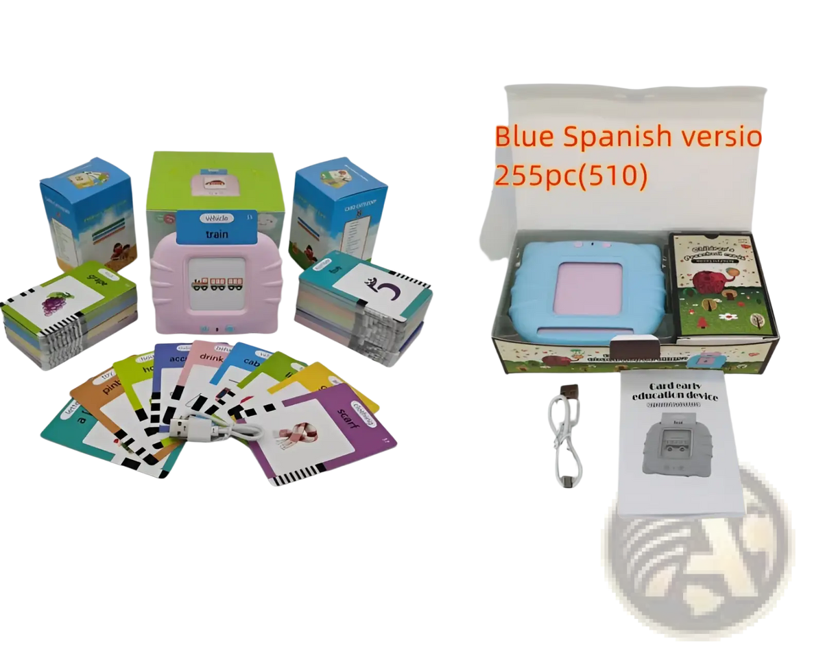 Pink and blue kids talking flash cards early learning tablets with colorful 112 card decks for children’s education