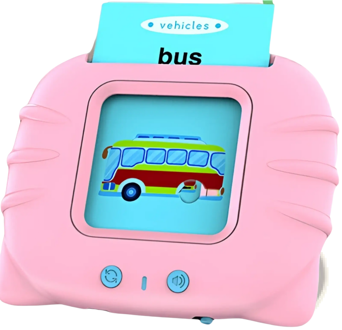 Pink kids talking flash cards early learning tablet with colorful bus illustration and vehicles bus card inserted