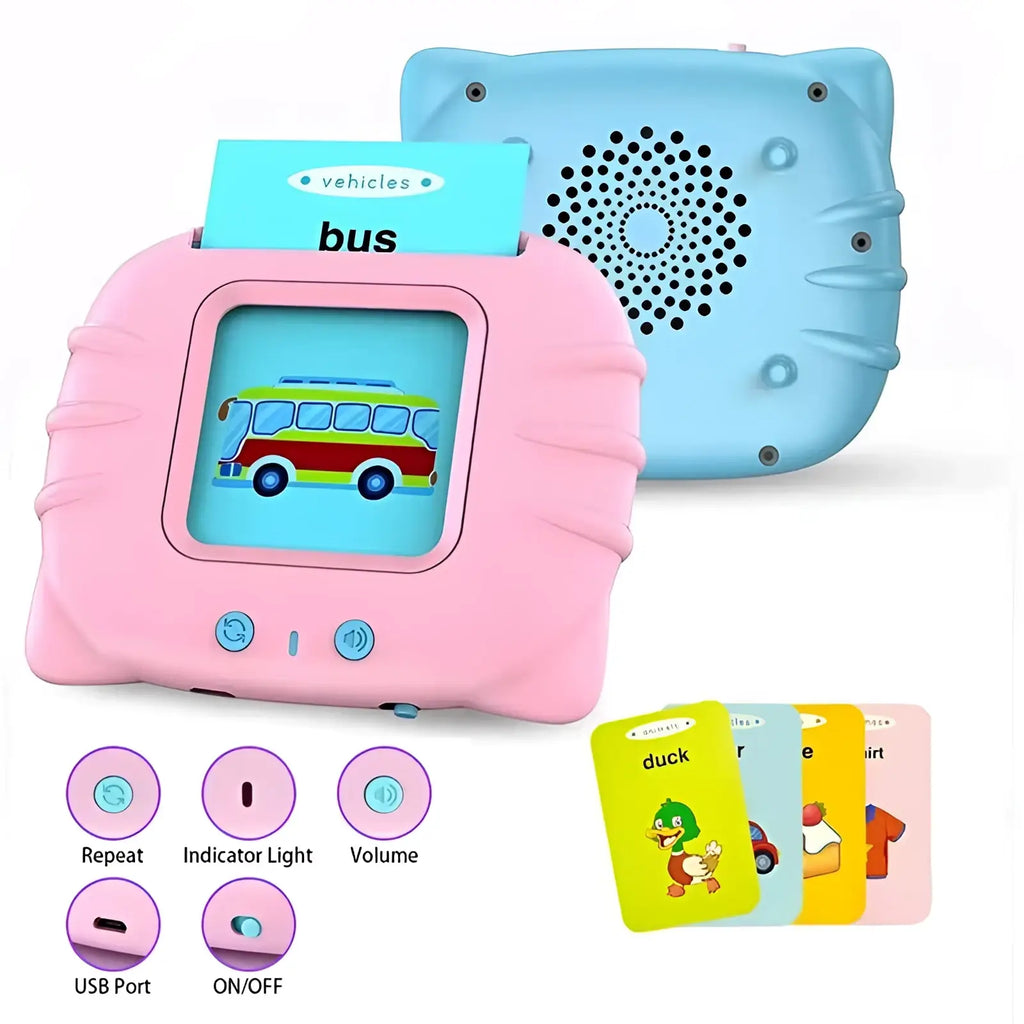 Pink and blue cat-shaped kids talking flash cards early learning tablet with bus image on screen and 112 cards