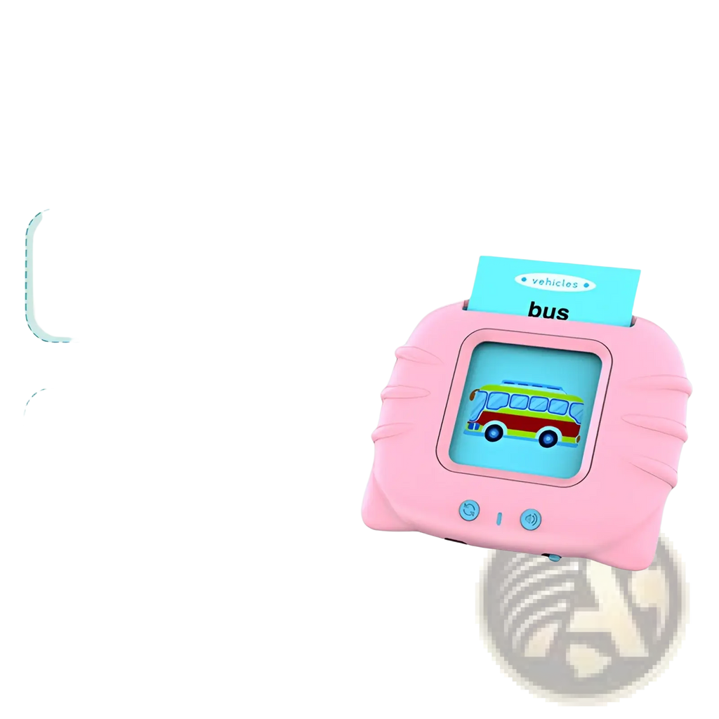 Pink kids talking flash cards early learning tablet with 112 cards featuring a screen showing a colorful bus and card labeled bus