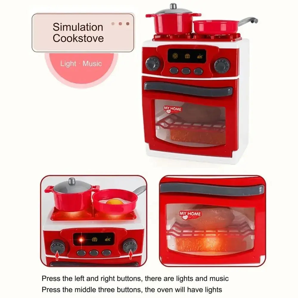 Red and white kids toy kitchen appliance set with digital display, two pots, oven, and my home branding for pretend play