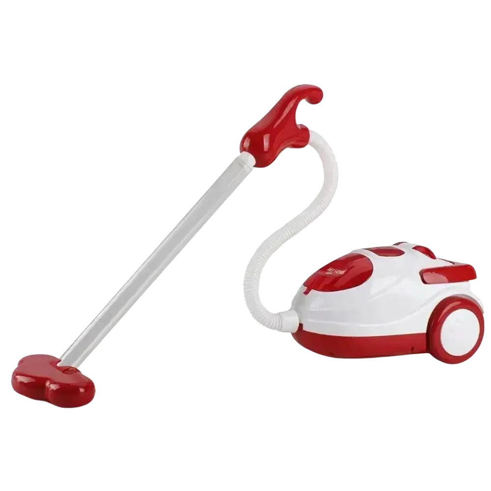 Red and white plastic toy vacuum cleaner with curved hose red handle and heart-shaped attachment for kids pretend play kitchen set