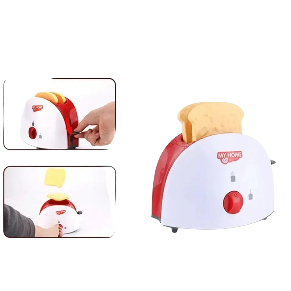 Red and white plastic simulation bread maker with my home branding in kids toy kitchen appliance set pretend play food
