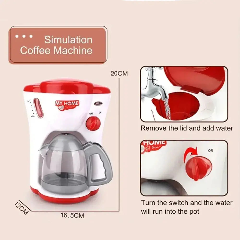 Red and white plastic simulation coffee machine with clear glass carafe from kids toy kitchen appliance set pretend play food