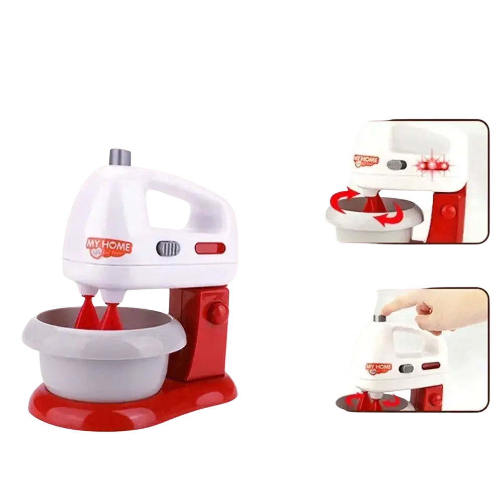 Red and white plastic simulation mixer with gray bowl and my home logo for kids toy kitchen appliance set pretend play food