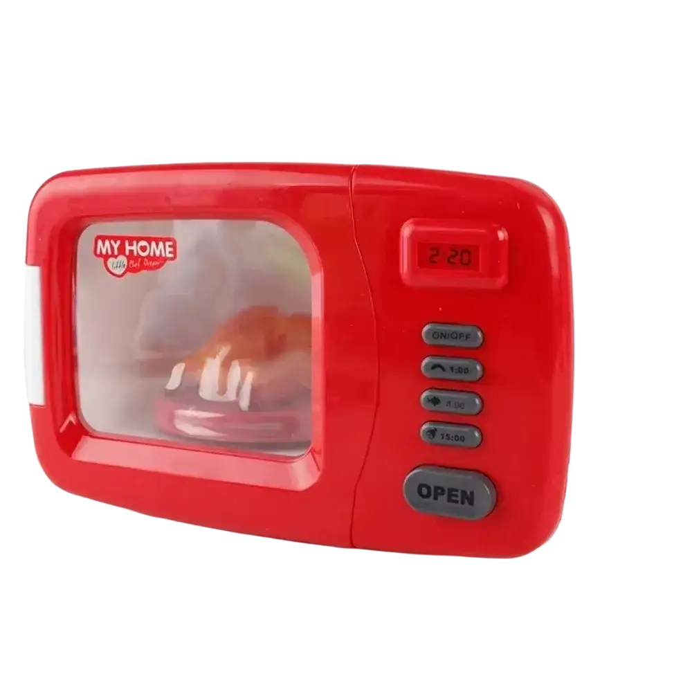 Red and white plastic kids toy microwave with my home branding for pretend play kitchen appliance set
