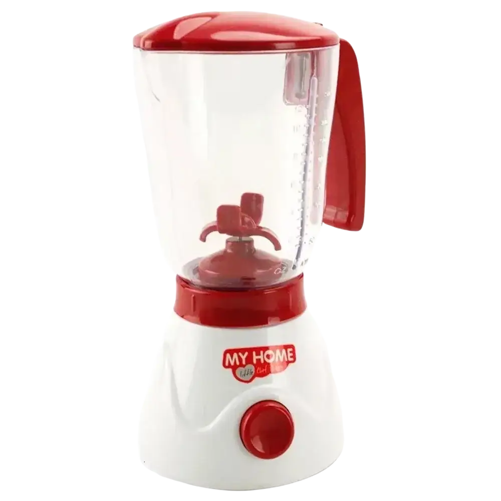 Red and white plastic kids toy blender with clear pitcher, red lid, handle, base, and my home brand logo