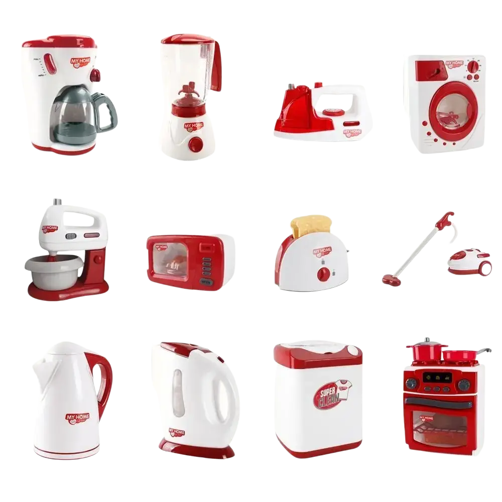 Red and white plastic kids toy kitchen appliance set with my home branding for pretend play food activities