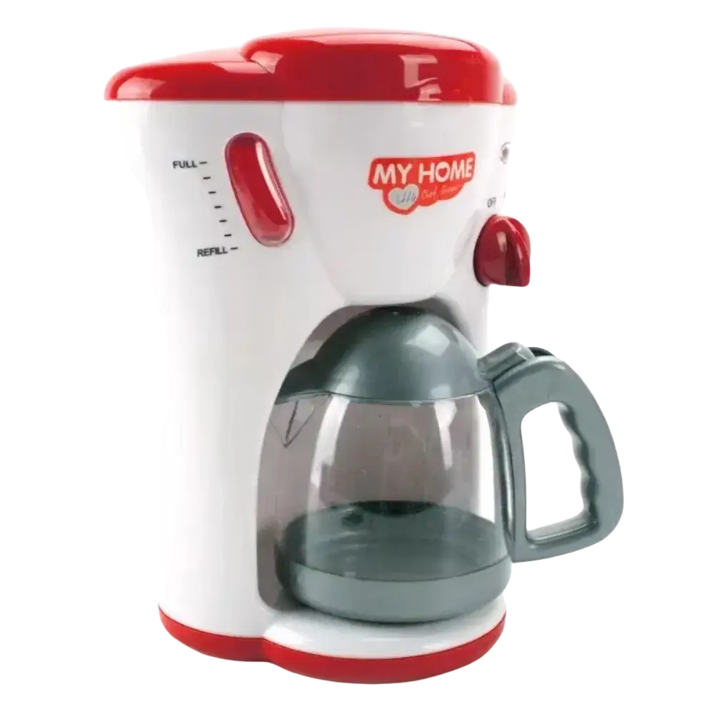 Red and white plastic kids toy coffee maker with gray glass carafe from pretend play kitchen appliance set