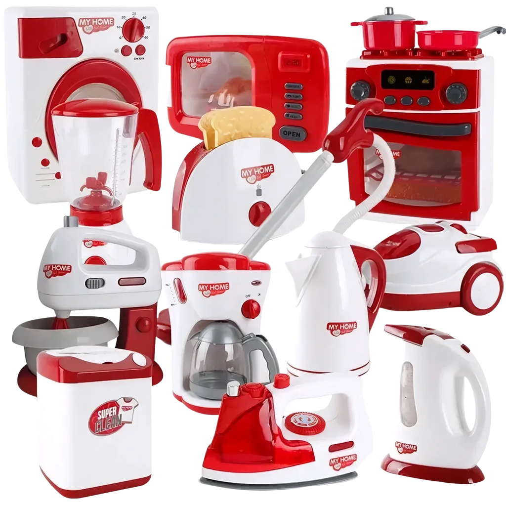 Red and white plastic kids toy kitchen appliance set with my home branding for pretend play food activities