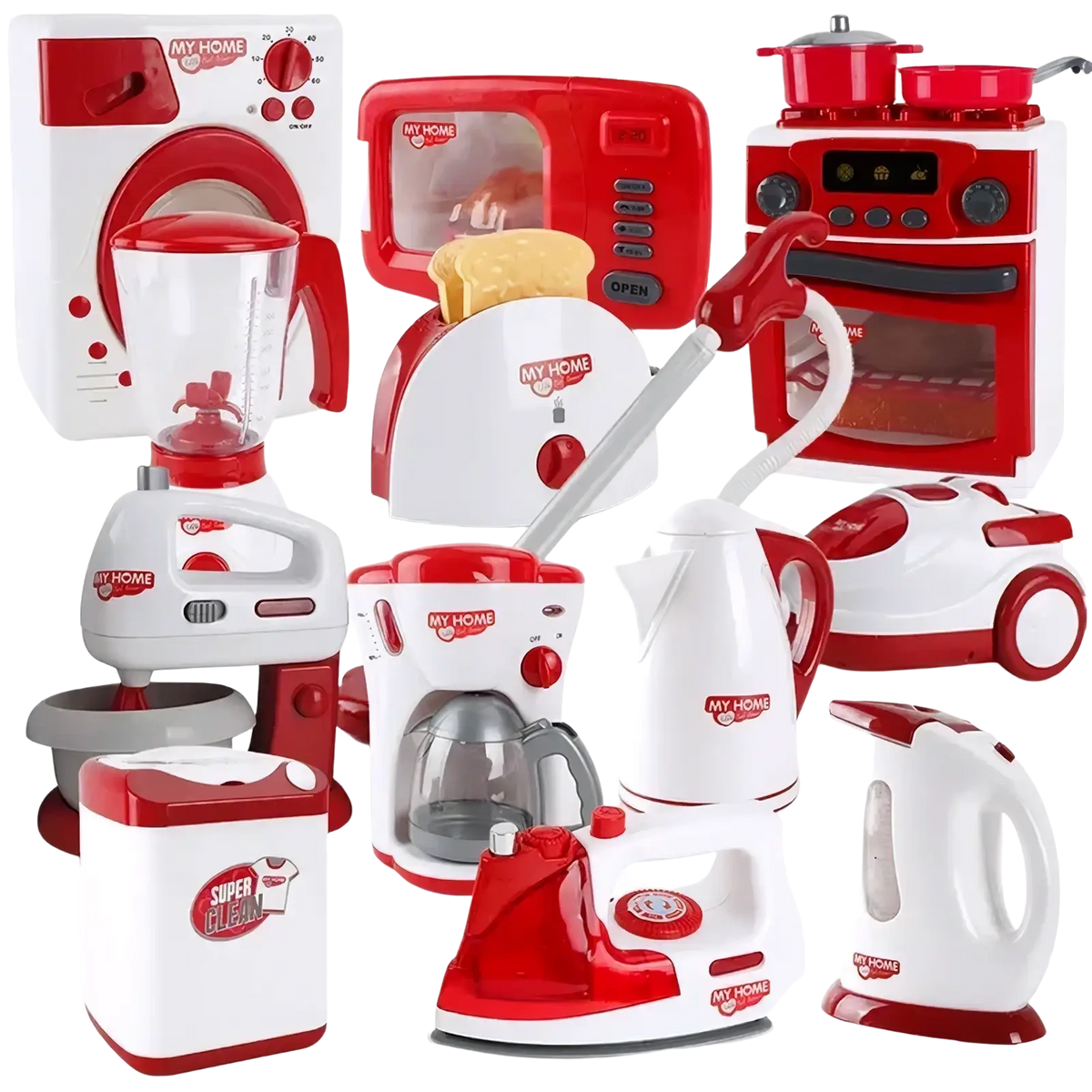 Red and white plastic kids toy kitchen appliance set with my home branding for pretend play food activities