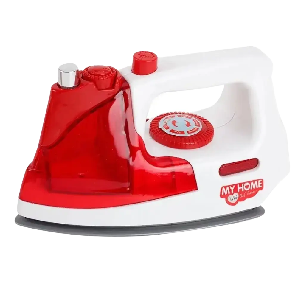Red and white plastic toy iron with transparent red water tank and my home logo for kids toy kitchen appliance set pretend play