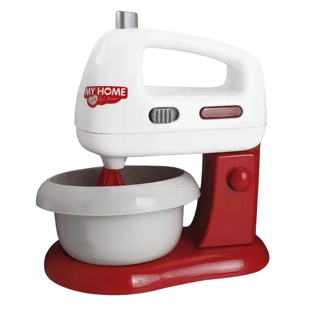 Red and white plastic kids toy stand mixer with gray bowl featuring my home logo for pretend play kitchen set