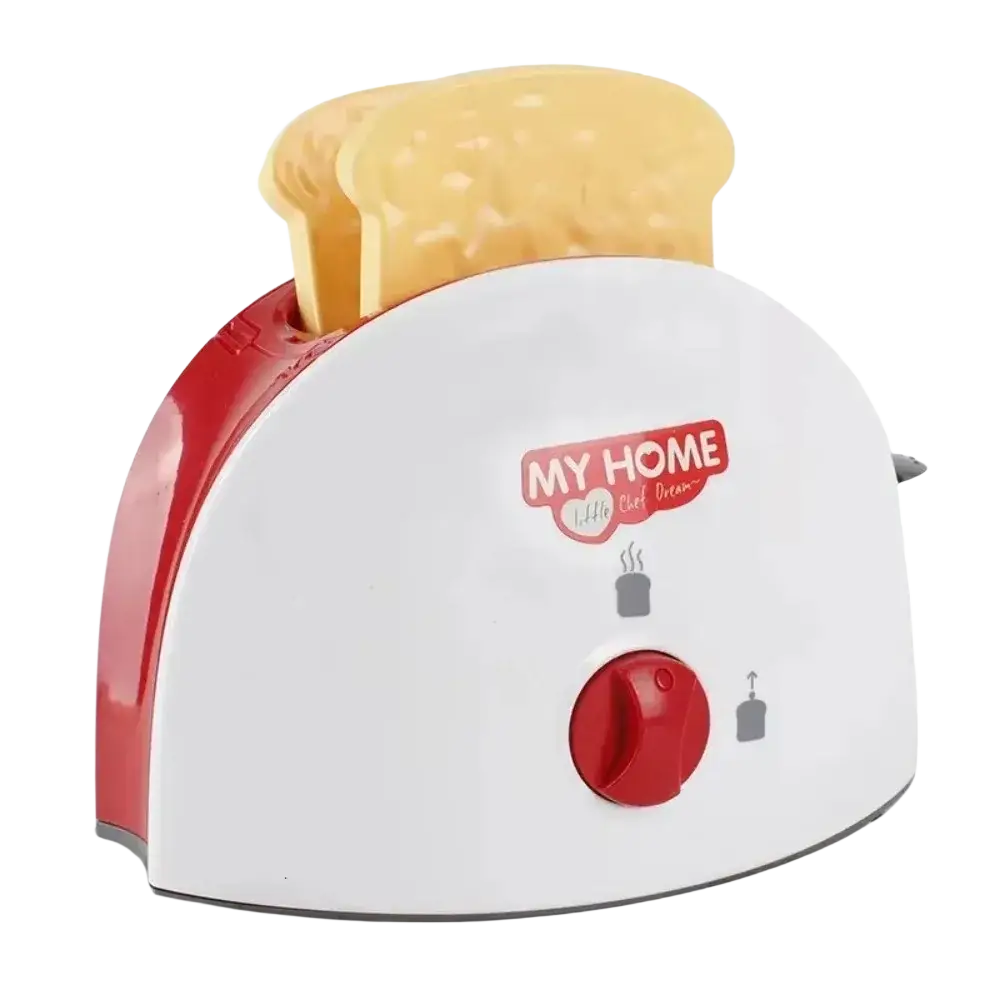 White and red plastic toy toaster with my home little chef dream branding and two golden brown bread slices for kids pretend play