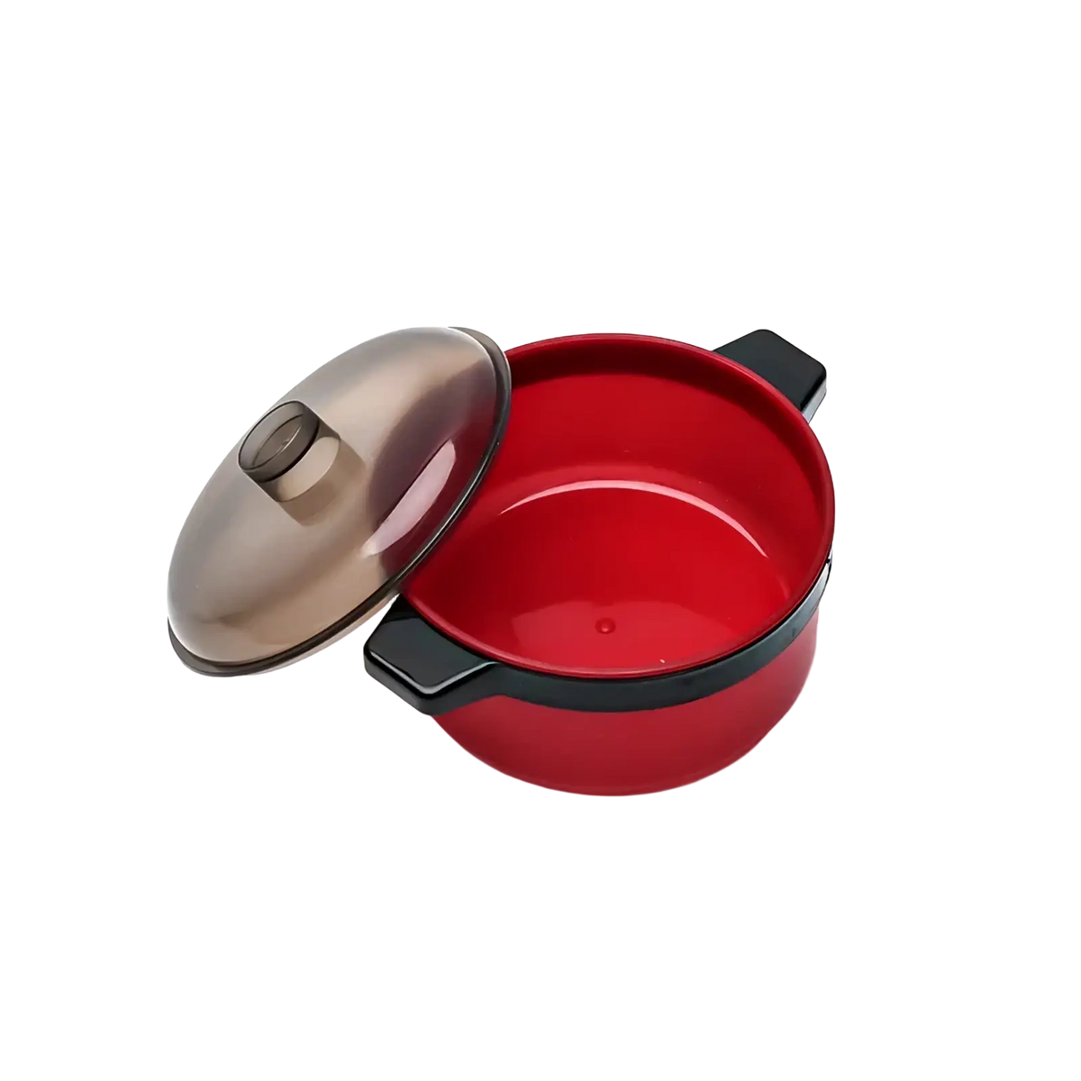 Red ceramic pot with black handles and a translucent brown lid from kids toy kitchen cookware set