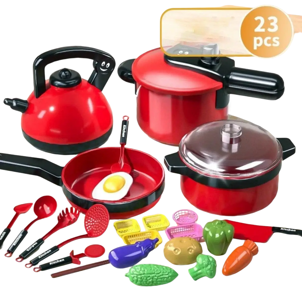 Red plastic kids toy kitchen cookware set with black handles and a smiling kettle for imaginative play
