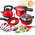 Red plastic kids toy kitchen cookware set with black handles and a smiling kettle for imaginative play