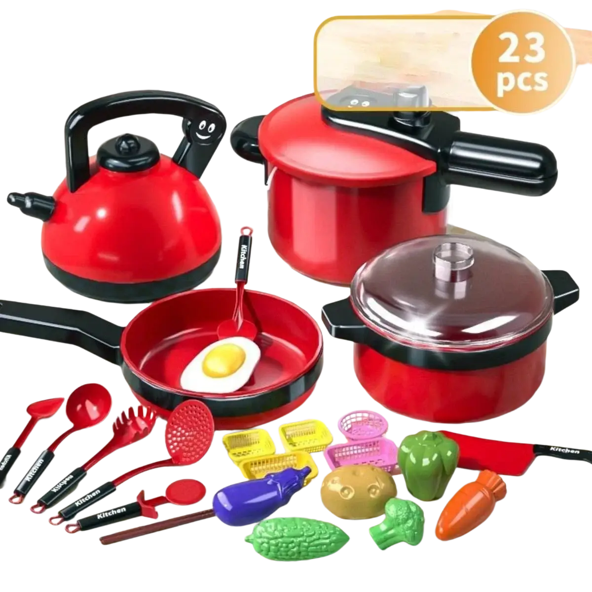 Red plastic kids toy kitchen cookware set with black handles and a smiling kettle for imaginative play