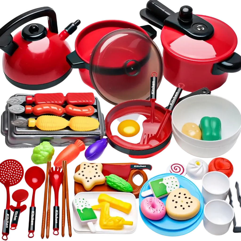 Red plastic kids toy kitchen cookware set with black handles featuring realistic cooking utensils and food items