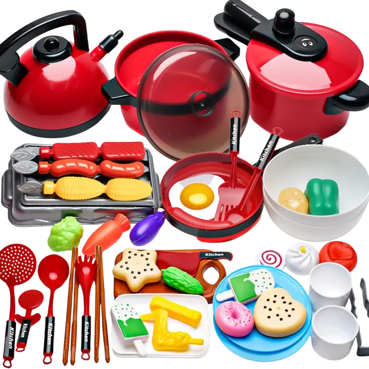 Red plastic kids toy kitchen cookware set with black handles featuring realistic cooking utensils and food items