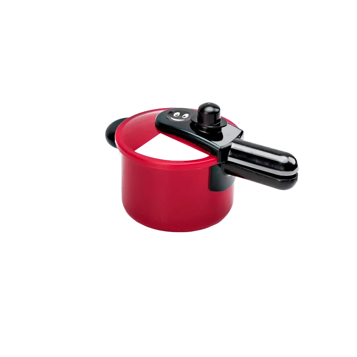 Red plastic toy pressure cooker with black handle and smiling face knob from kids toy kitchen cookware set