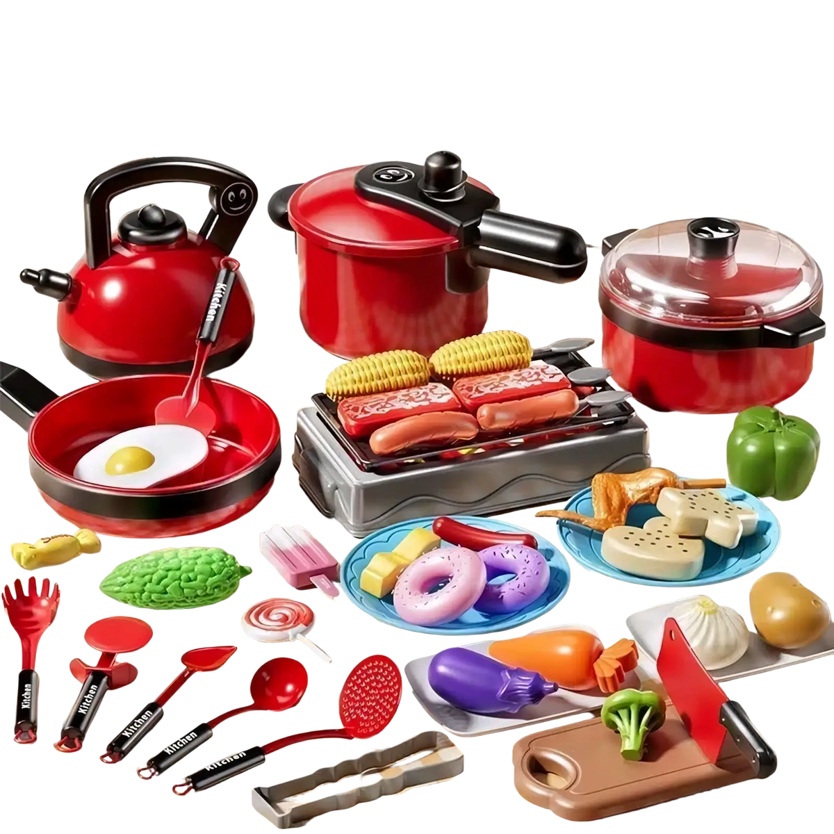 Red plastic kids toy kitchen cookware set with black handles and realistic food accessories for imaginative play