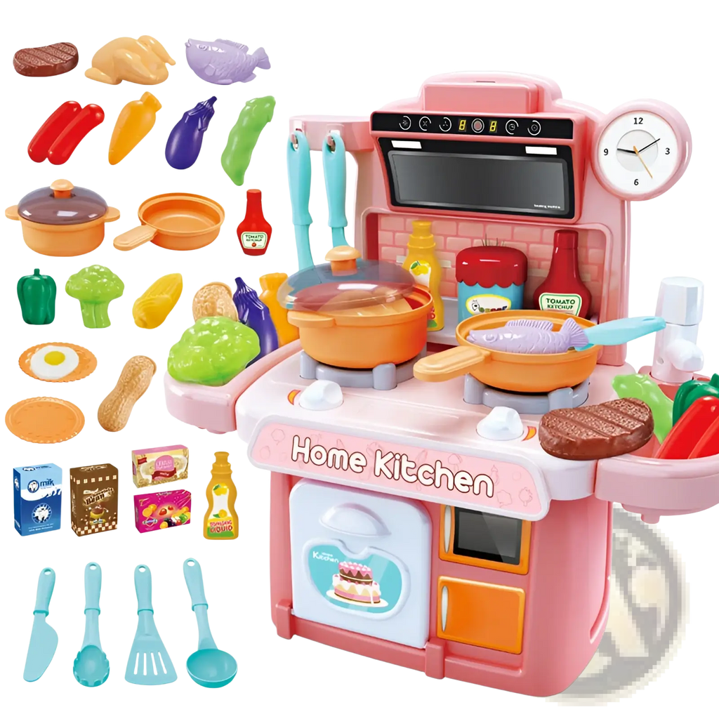 Kids toy kitchen set with induction cooktop 23pcs featuring pink plastic body orange pots turquoise utensils and colorful food accessories