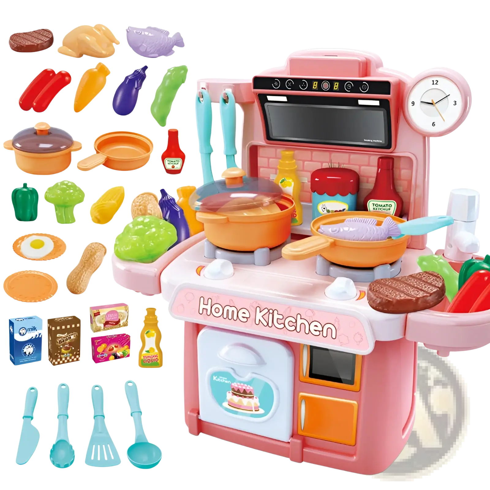 Kids toy kitchen set with induction cooktop 23pcs featuring pink plastic body orange pots turquoise utensils and colorful food accessories