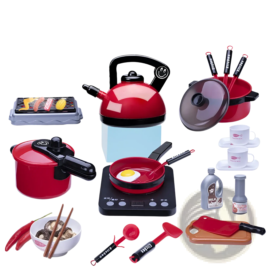 Red plastic toy kettle with black handle and smiling face from kids toy kitchen set with induction cooktop 23pcs