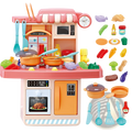Kids toy kitchen set with induction cooktop 23pcs in pink and orange plastic including microwave oven fridge utensils