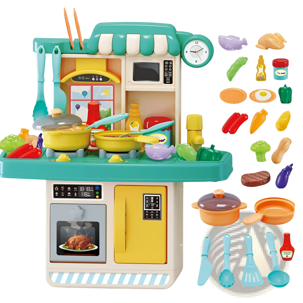 Kids toy kitchen set with induction cooktop 23pcs in teal and yellow plastic including microwave oven and refrigerator