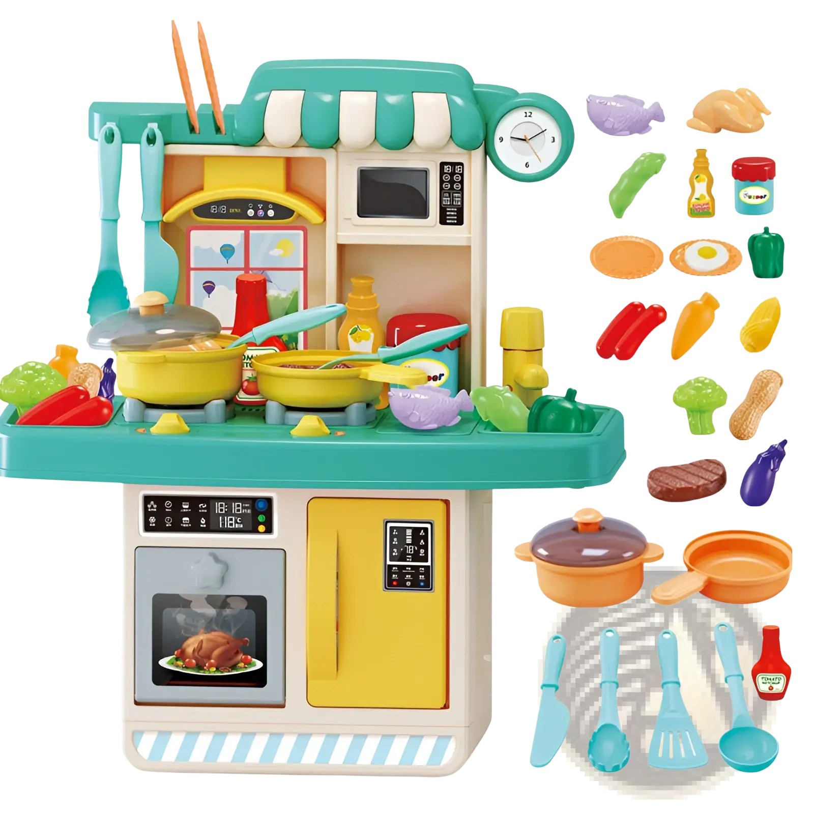 Kids toy kitchen set with induction cooktop 23pcs in teal and yellow plastic including microwave oven and refrigerator