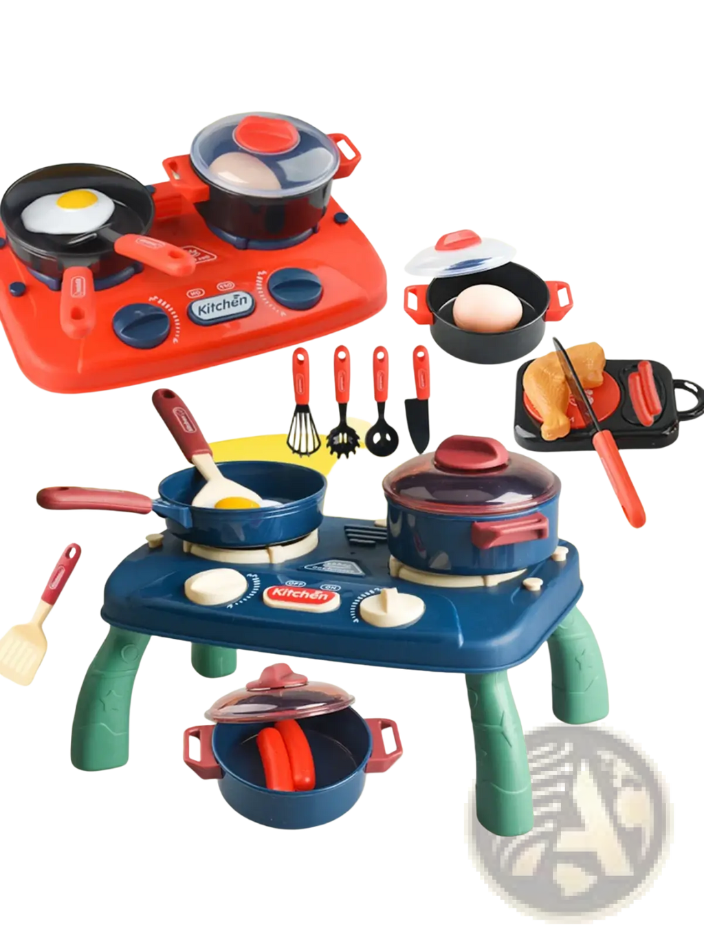 Red and blue plastic kids toy kitchen set with green legs and cooking utensils including pots and pans for imaginative play