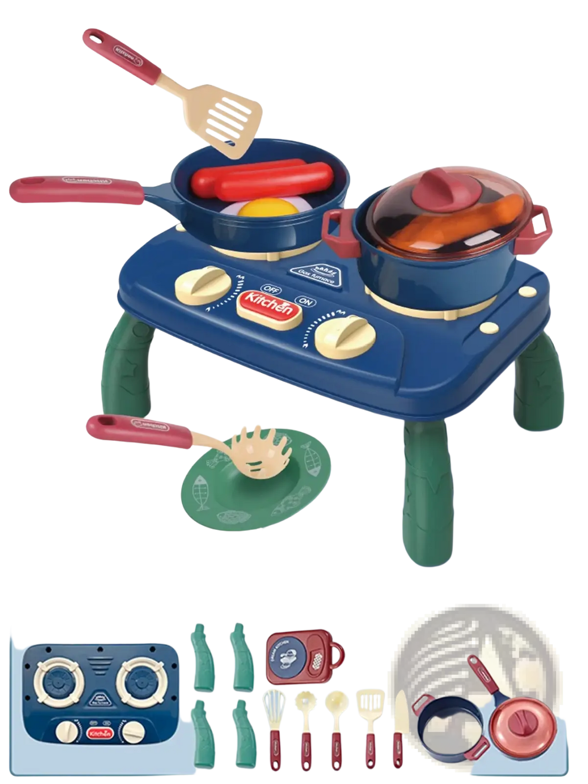 Blue plastic kids toy kitchen set with red-handled utensils and green plate including pots and pans