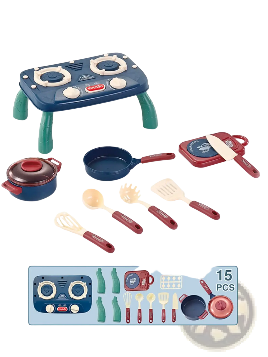 Kids toy kitchen set featuring a blue plastic design with green legs and red and beige utensil handles