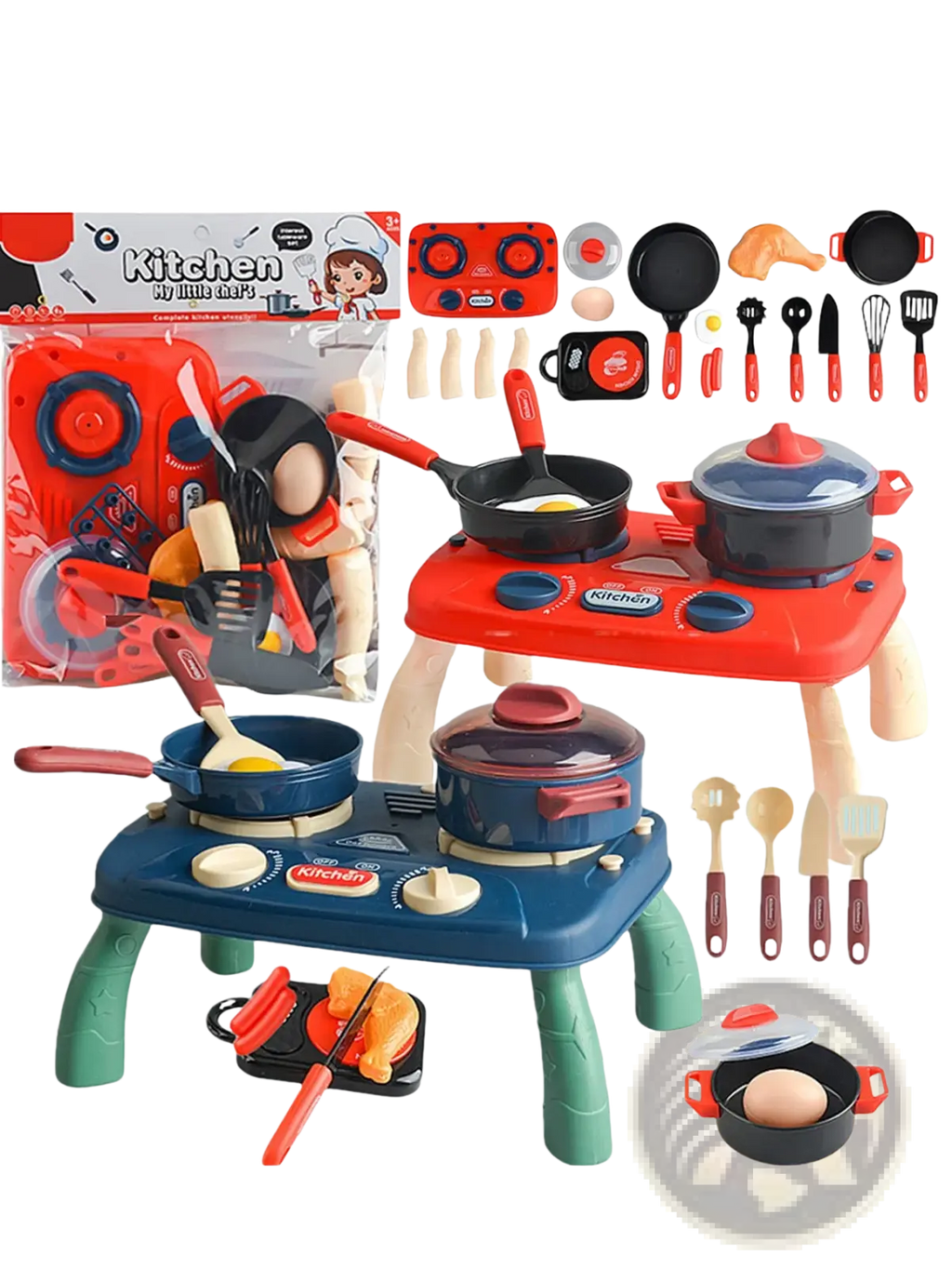 Kids toy kitchen set with red and blue plastic stove pots pans and cooking utensils for pretend play