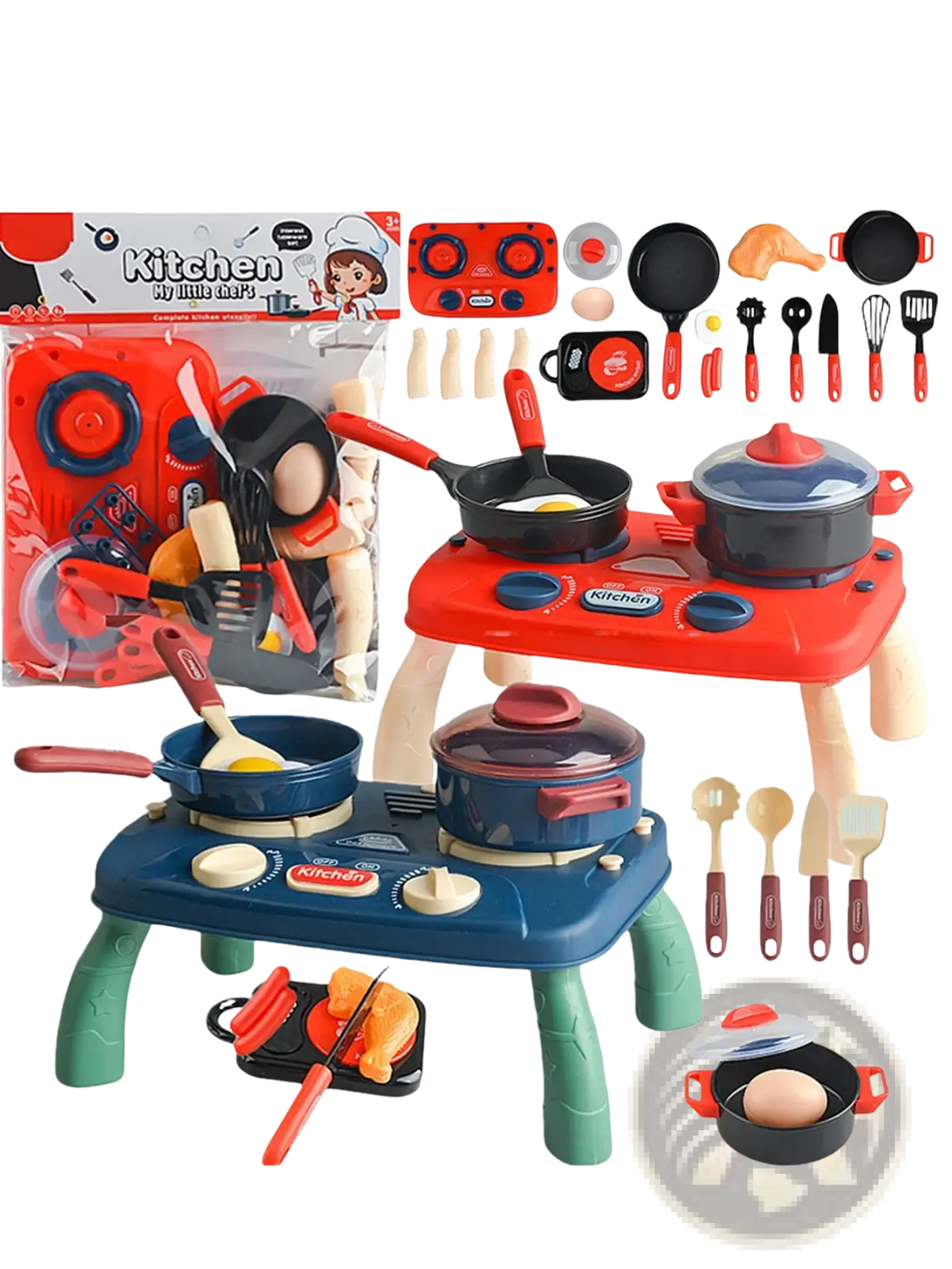 Kids toy kitchen set with red and blue plastic stove pots pans and cooking utensils for pretend play