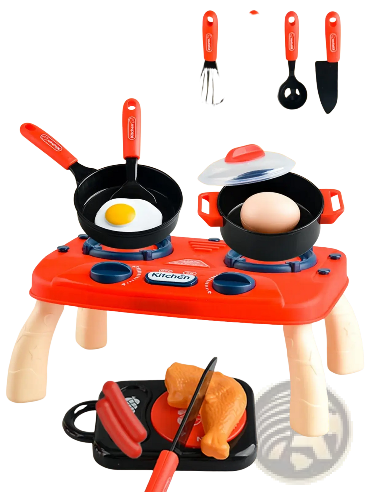 Red plastic kids toy kitchen set with black pans utensils and food items for imaginative cooking play