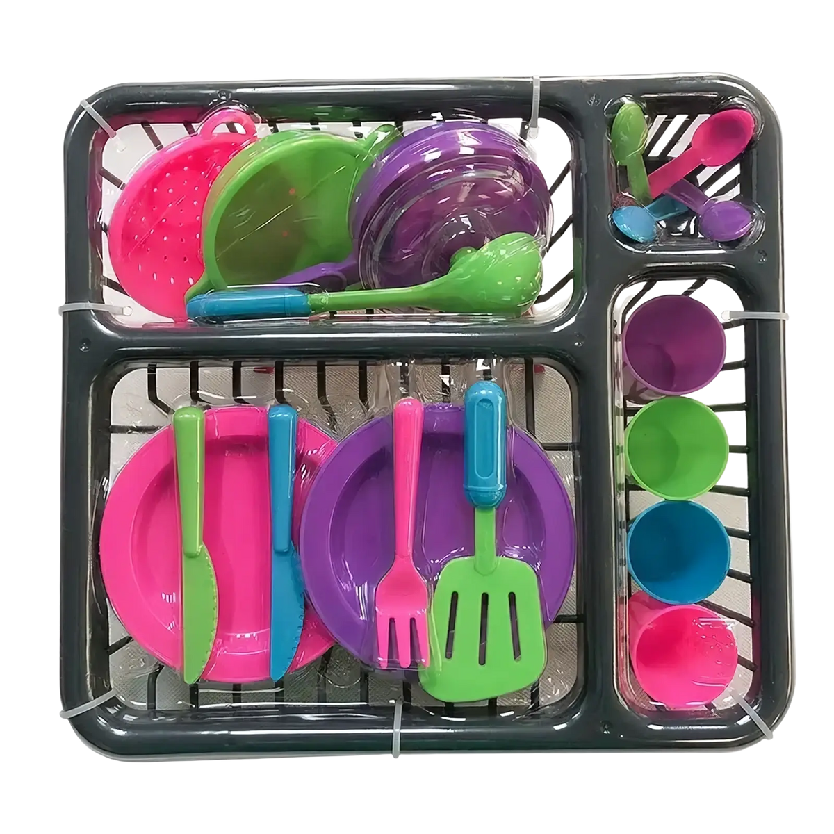 Kids toy kitchen tableware set with dish rack featuring brightly colored pink green purple and blue plastic utensils and dishes in a black tray