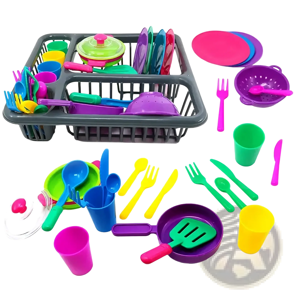 Kids toy kitchen tableware set featuring brightly colored plastic pieces and a gray dish rack with plates cups and utensils