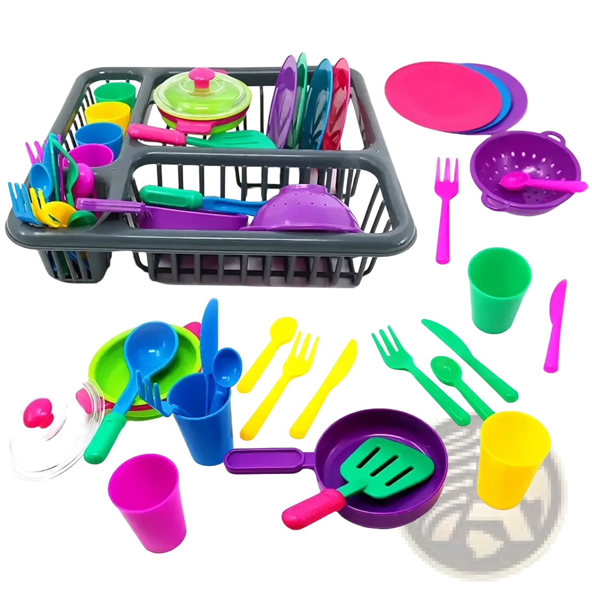 Kids toy kitchen tableware set featuring brightly colored plastic pieces and a gray dish rack with plates cups and utensils